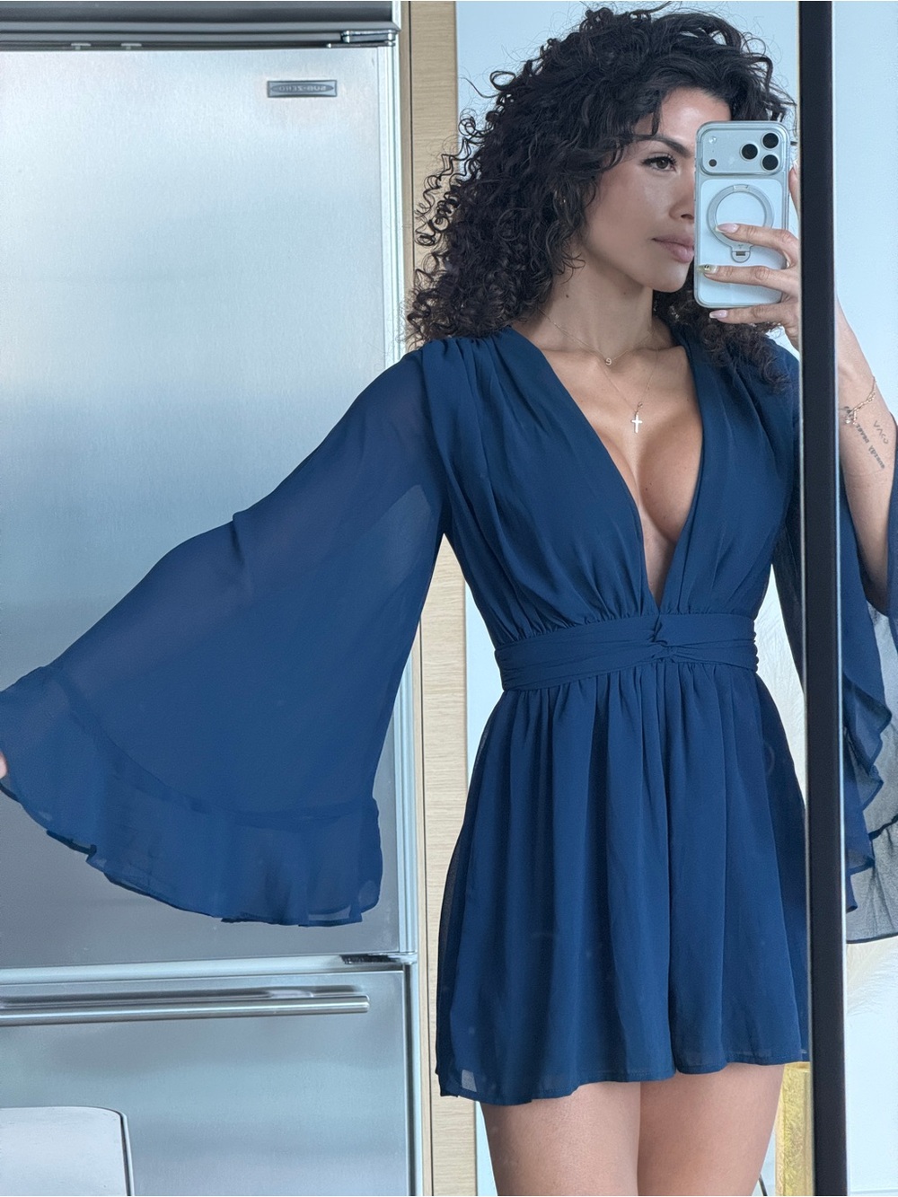 Fashion Nova Navy Deep V Chiffon jumpsuit